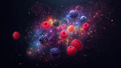 Vibrant berries floating in a cosmic nebula of color and light, perfect for food and beverage design projects, marketing campaigns, and creative visual branding