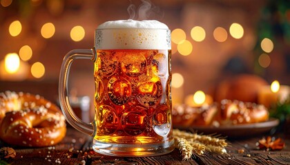 Golden beer in honeycomb glass mug with frothy head surrounded by wheat and hops on rustic table in warmly lit pub for editorial beverage photography brewing tradition and social ambiance-themed visua
