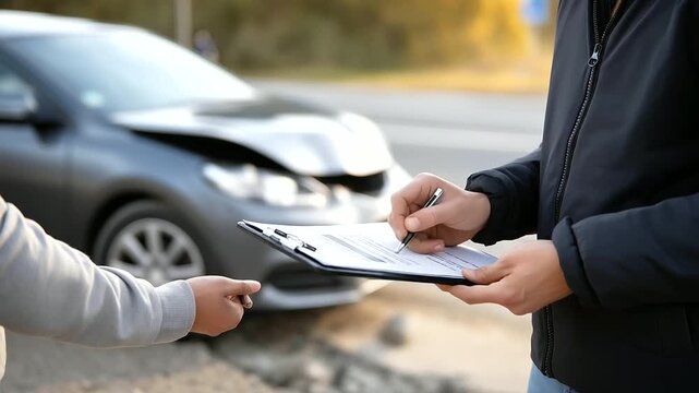 A driver their jacket zipped exchanges information with another their hands clutching a phone. A car&rsquo;s fender its metal crumpled bears scratches. A notepad its pages creased