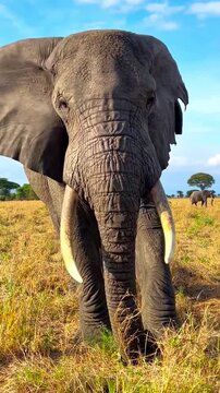 African Elephant with Long Tusks on Safari Road