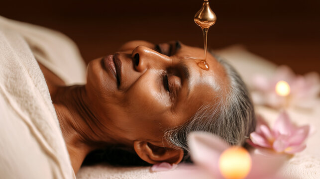 Shirodhara ayurveda spa treatment with warm oil slowly pouring on mature woman forehead. Traditional indian wellness therapy for relaxation and healing benefits.