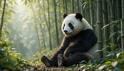 A giant panda sits peacefully in a bamboo forest, enjoying the serenity