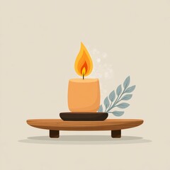 A lit candle adds a touch of serenity to the scene, sitting elegantly on a wooden stand with a sprig of leaves, evoking a sense of peace