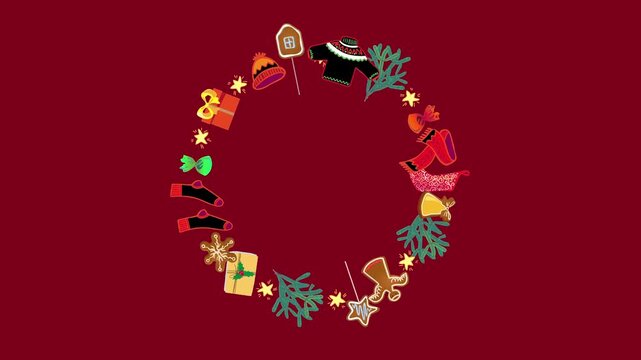 New Year ,Christmas wreath with bells, colourful frame animation. 