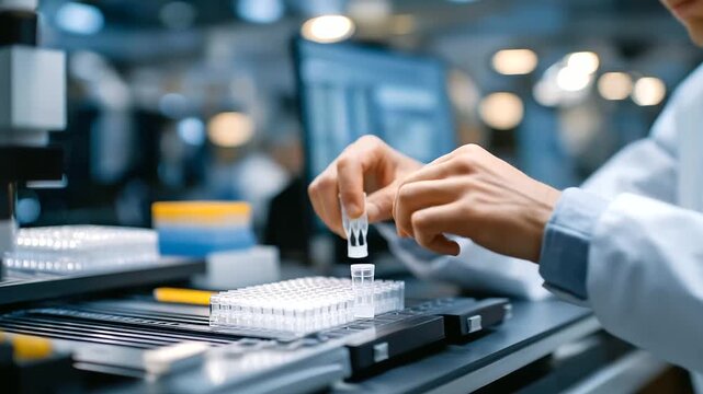 A scientist calibrates a telomere assay in a high throughput lab with robotic pipettors dispensing multi well plates filling screens showing results and technicians monitoring