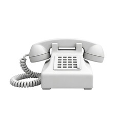A classic white rotary dial telephone with a coiled cord and keypad isolated on transparent background