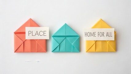 Three origami houses of different colors on white background