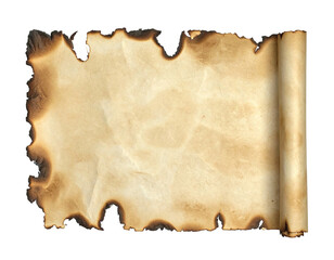 A scorched paper scroll, unrolled, with browned edges and a rolled end on black