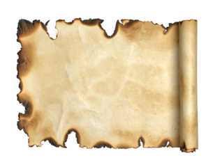 A scorched paper scroll, unrolled, with browned edges and a rolled end on black