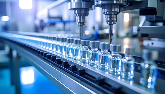 Automated Vaccine Production Line Pharmaceutical Manufacturing with Bottling, and Automation.