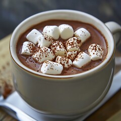 Cozy cup of hot chocolate topped with marshmallows and cocoa powder for a sweet and comforting winter treat