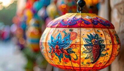 Ornate traditional lantern with floral patterns and warm glow surrounded by colorful festive lanterns for editorial cultural photography celebration decor and poetic light-themed visuals