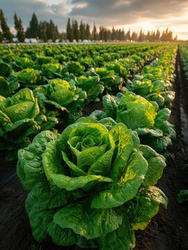 Lush green lettuce heads in a vast field at sunset