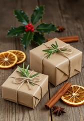 Two wrapped Christmas gifts with seasonal decorations on a wooden surface