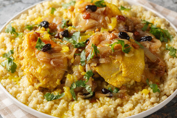 Savory sweet fragrant chicken couscous tfaya is a comforting and special meal closeup on the plate...