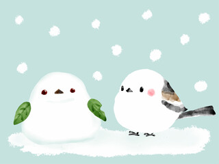 シマエナガと雪だるま　背景　イラスト　絵本風