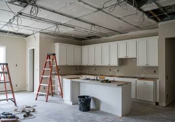 Unfinished kitchen remodel showing white cabinets and a ladder