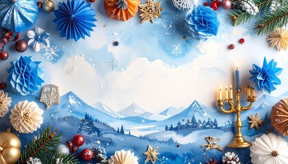 Festive holiday flat lay with blank paper, wrapped gifts, ornaments, powdered donut, and seasonal decor on snowy blue surface for editorial greeting photography cheerful design and poetic celebration-