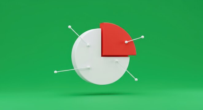Illustrative 3D rendering showcases a white and red pie chart floating against a vibrant green backdrop, depicting proportional data distribution with lines extending outwards and appearing visually