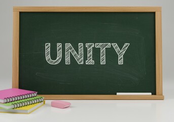 Unity written on a chalkboard with white chalk in a classroom