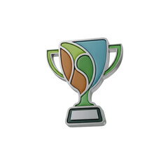 A colorful trophy with abstract shapes in green, blue, and orange, representing victory and achievement, isolated on transparent background