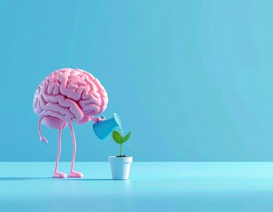 A conceptual illustration of a brain figure watering a small plant, symbolizing mental growth and nurturing.
