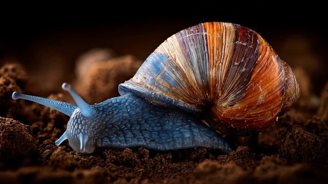 Close up of a snail on earth focus on shell and body