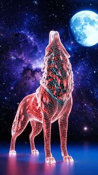 未来的なホログラフィック狼！3Dメッシュが赤とシアンで輝く