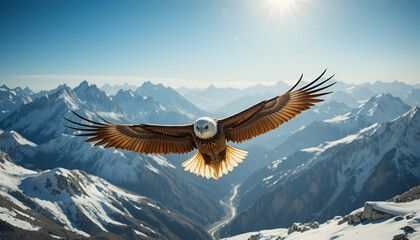 Bald eagle soars above snowy mountain peaks under a bright blue sky