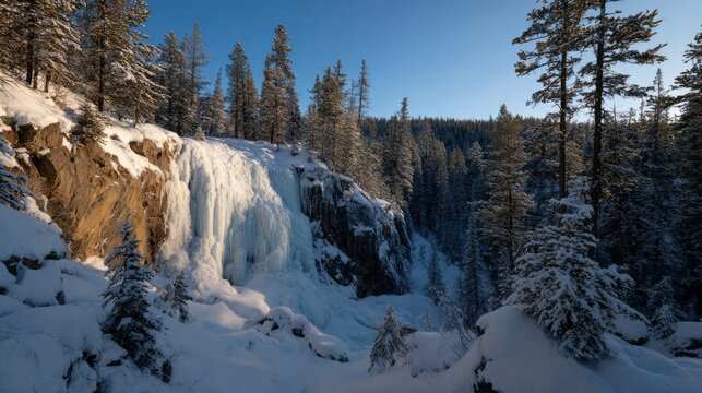 Frozen waterfall whispers winter's secrets, evoking Yule lore and Ice Lantern Festival, nature's crystalline symphony in serene woodlands