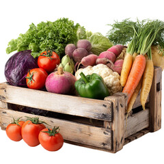  Set of pile vegetables in wooden crate for healthy food concept on a white background