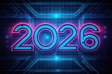 Bright neon glowing 2026 digits in futuristic cyberpunk style with pink and blue illumination on digital grid background symbolizing modern technology and progress