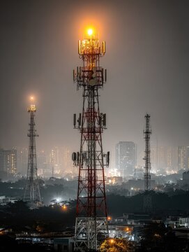 Night cityscape, tall communication tower
