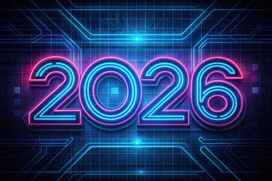 Bright neon glowing 2026 digits in futuristic cyberpunk style with pink and blue illumination on digital grid background symbolizing modern technology and progress