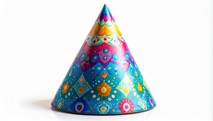 Colorful geometric party hat with pom-pom on wooden surface in festive indoor setting for editorial celebration photography birthday decor design and poetic joy-themed visuals