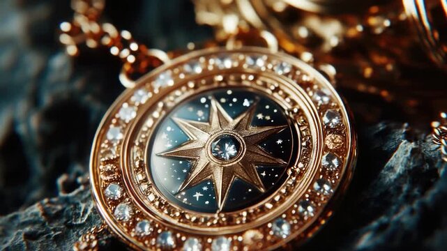 Close-up view of a necklace featuring a compass pendant