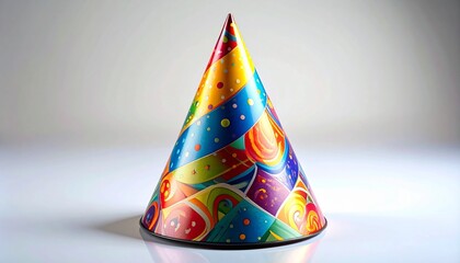 Colorful geometric party hat with pom-pom on wooden surface in festive indoor setting for editorial celebration photography birthday decor design and poetic joy-themed visuals