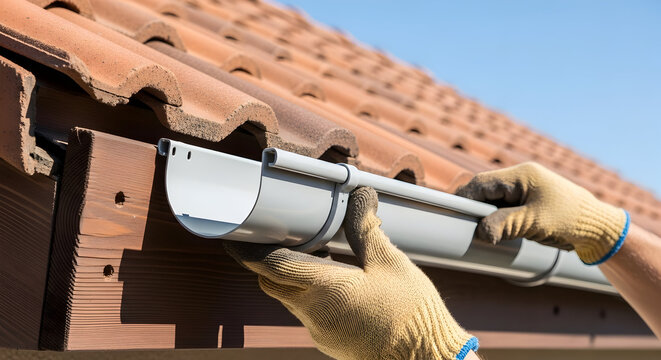 Skilled Gutter Worker Installing New Rainwater System on House Roof
