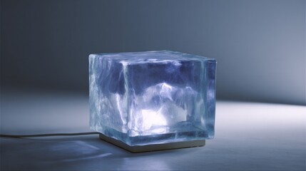 Cube of luminescent ice casting spectral glow, shrouded in mystery, celebrating Obon lantern traditions and hygge serenity