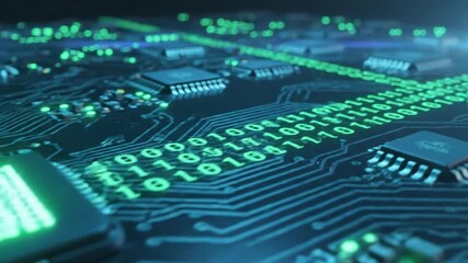 Digital Circuit Board with Glowing Binary Code and CPU. - Powered by Adobe