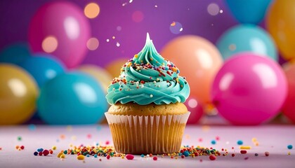 Colorful cupcakes with pastel frosting, sprinkles, and festive decor on white surface with bunting backdrop for editorial celebration photography dessert design and poetic joy-themed visuals