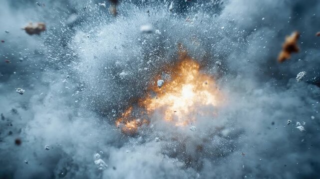 A dramatic scene of rockfall and smoke explosion in the air, suitable for use in news, documentary or action movie footage