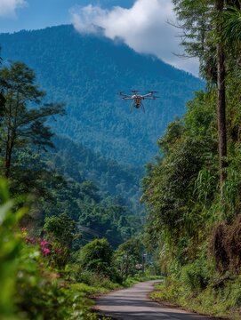 Drone flies over mountain valley road