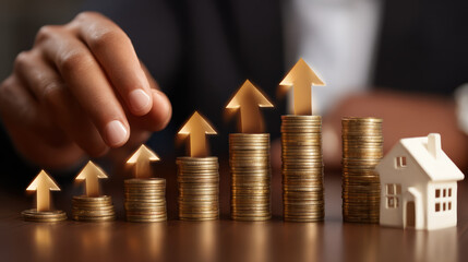 Investor analyzing property value growth with stacked coin