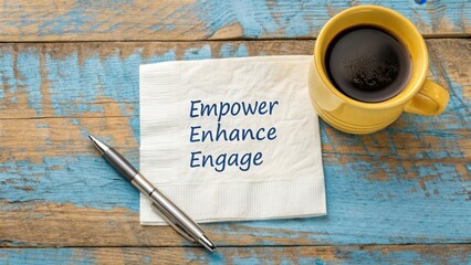 White napkin inscribed with empowering words next to coffee