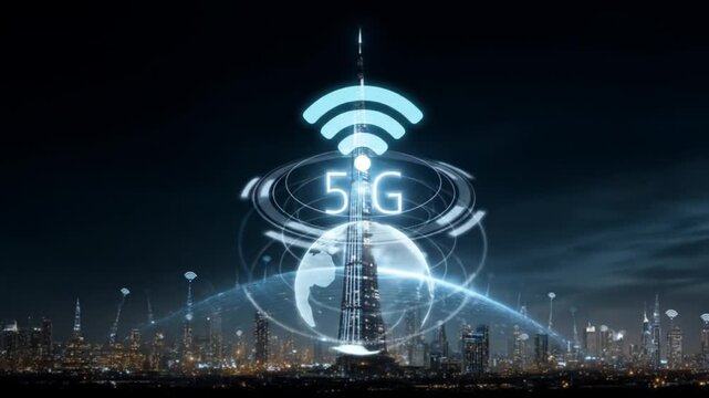 Futuristic 5 g wireless network connectivity over cityscape at night