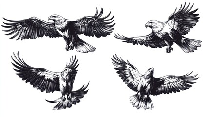 Obraz premium Four dynamic, ink-style sketches of eagles soaring and diving with spread wings