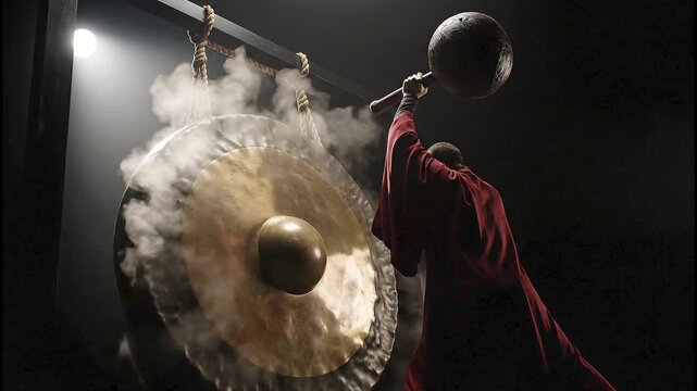Person in red robe striking large gong with rising smoke. Suitable for music, meditation or relaxationrelated designs and products.