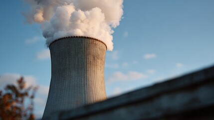 Steam billows from colossal cooling tower, tech industrial silhouette, celebrating Atom Day, innovation, urban greyness against azure horizon