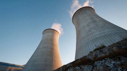 Towering cooling towers under azure skies embody Earth Day's energy paradox, capturing industrial giant whispers in serene backdrop